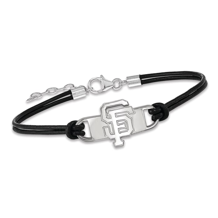 Sterling Silver MLB San Francisco Giants Small Center Leather Bracelet. 7&quot;
