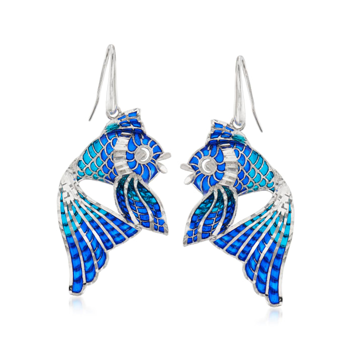 Italian Blue Enamel Fish Drop Earrings in Sterling Silver