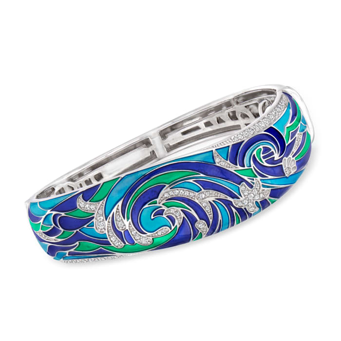 Belle Etoile &quot;Ocean Wave&quot; Multicolored Enamel Bangle Bracelet with 1.00 ct. t.w. CZs in Sterling Silver