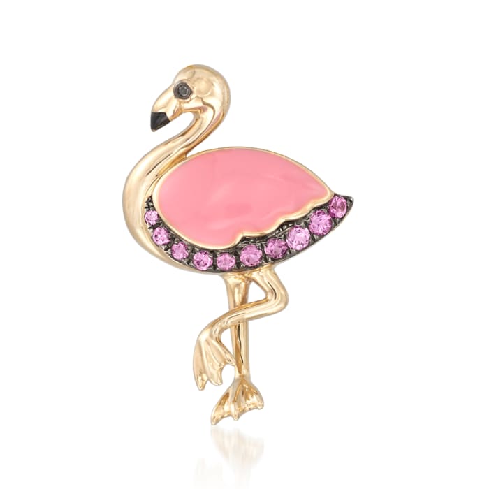 .28 ct. t.w. Pink Sapphire and Enamel Flamingo Pin with Black Diamond Accent in 14kt Yellow Gold