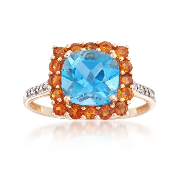2.60 Carat Blue Topaz and .40 ct. t.w. Orange Citrine Ring with Diamond Accents in 14kt Yellow Gold