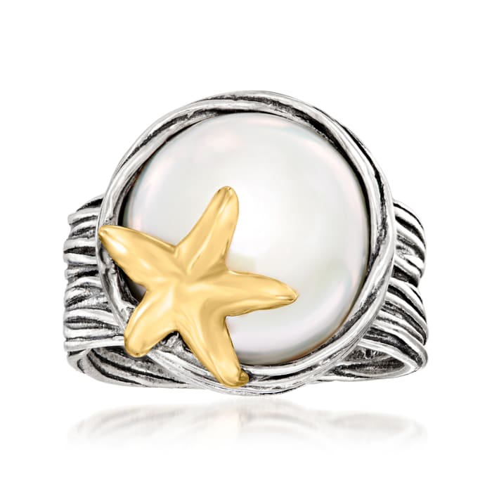 14-15mm Cultured Coin Pearl Starfish Ring in Sterling Silver and 14kt Yellow Gold