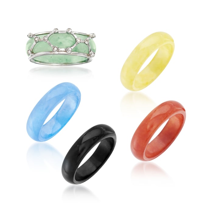 Multicolored Jade Jewelry Set: Five Interchangeable Rings with Sterling Silver Ring Jacket