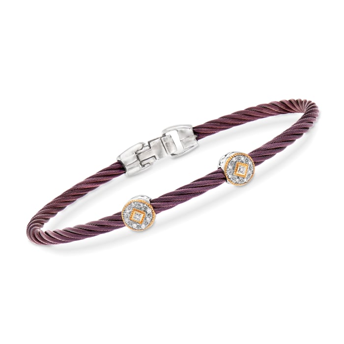 ALOR &quot;Shades of Alor&quot; Burgundy Stainless Steel Cable Bracelet with Diamond Accents and 18kt Yellow and White Gold