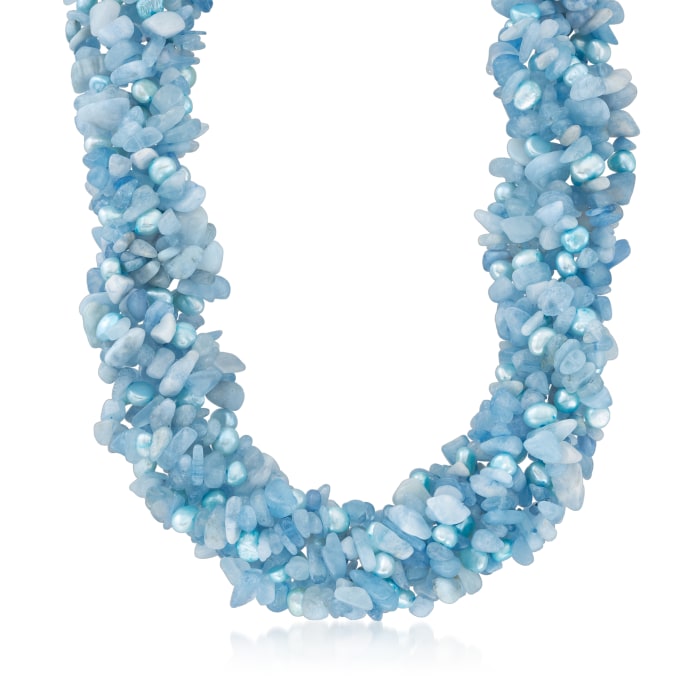 5-6mm Blue Cultured Pearl and 850.00 ct. t.w. Aquamarine Bead Torsade Necklace with Sterling Silver