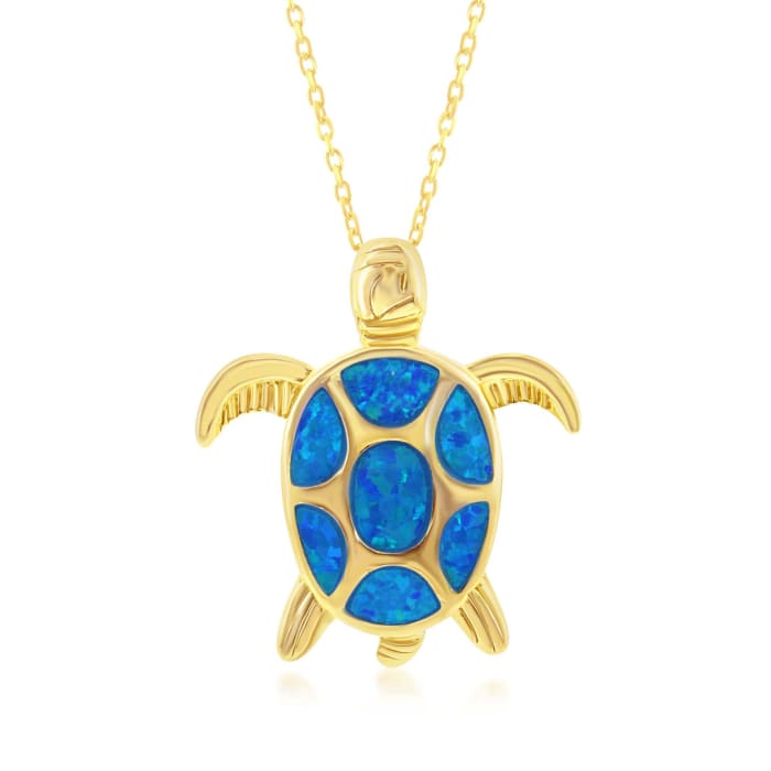 Blue Synthetic Opal Sea Turtle Pendant Necklace in 18kt Gold Over Sterling