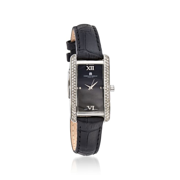 Charles Hubert Women's 30mm Stainless Steel Watch with Crystals and Black Leather Strap