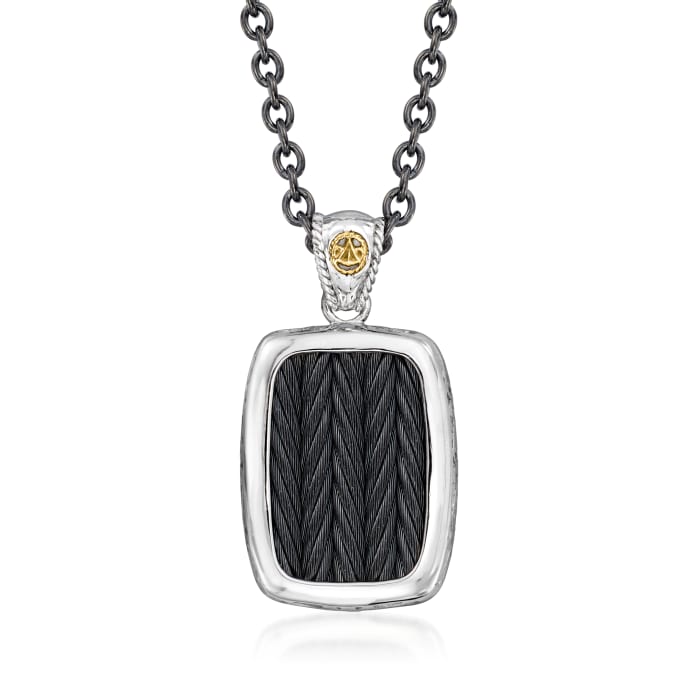 ALOR Men's Black and White Stainless Steel Cable Pendant Necklace with 18kt Yellow Gold