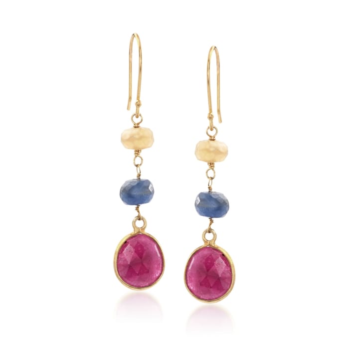 9.00 ct. t.w. Multicolored Corundum Drop Earrings in 14kt Gold Over Sterling
