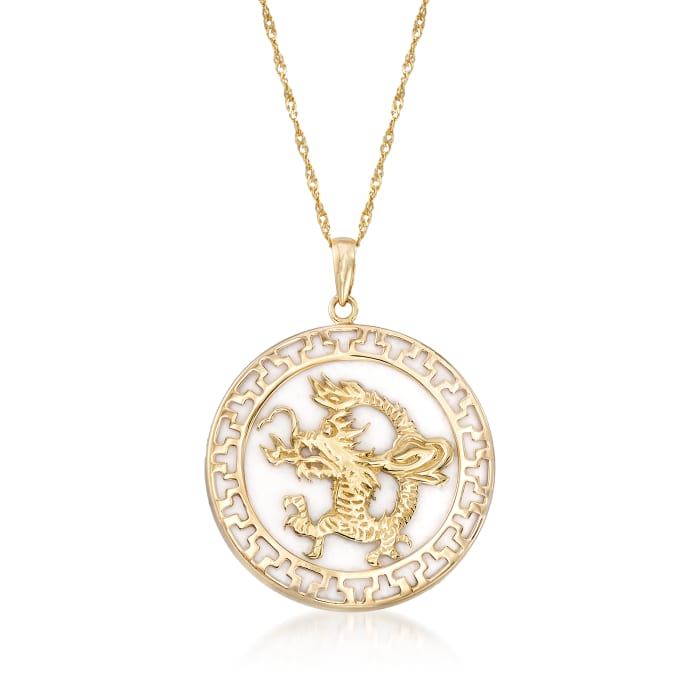 White Agate Dragon Pendant Necklace in 14kt Yellow Gold 