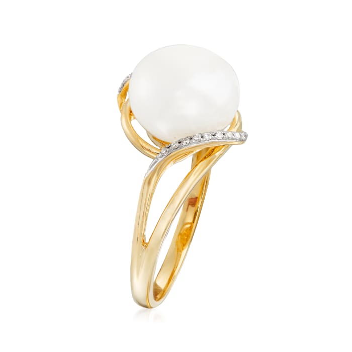 10-10.5mm Cultured Pearl Wave Ring with Diamond Accents in 14kt Yellow ...