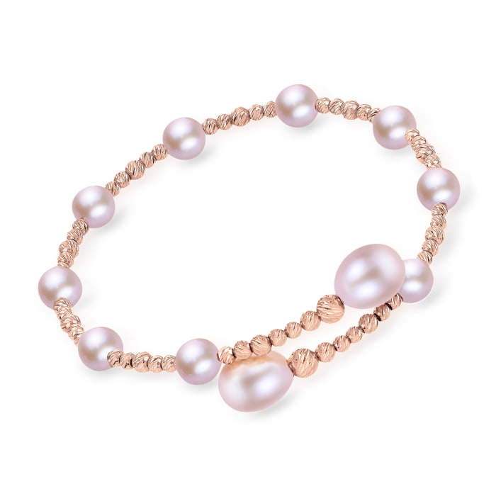 6.5-9.5mm Pink Cultured Pearl Adjustable Bangle Bracelet in 14kt Rose Gold