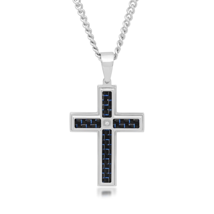 Men's Stainless Steel and Black and Blue Carbon Fiber Cross Pendant Necklace with Diamond Accent
