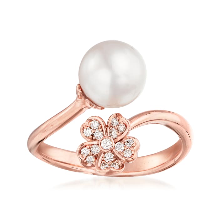 Mikimoto &quot;Cherry Blossom&quot; 8mm A+ Akoya Pearl and .11 ct. t.w. Diamond Bypass Ring in 18kt Rose Gold
