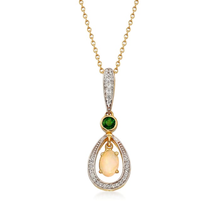 7x5mm Opal and .30 ct. t.w. Multi-Stone Pendant Necklace in 18kt Yellow Gold Over Sterling Silver