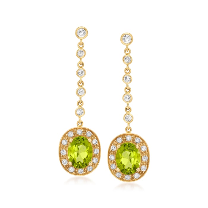 C. 1990 Vintage 4.09 ct. t.w. Peridot and 1.00 ct. t.w. Diamond Drop Earrings in 18kt Yellow Gold