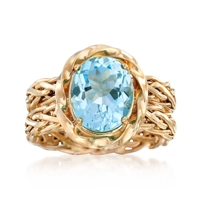 4.20 Carat Sky Blue Topaz Woven Ring in 14kt Yellow Gold