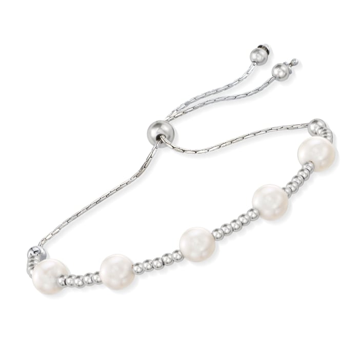 7-7.5mm Cultured Freshwater Pearl Station Bolo Bracelet in Sterling Silver