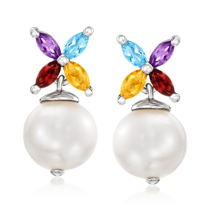 8-8.5mm Cultured Pearl and .40 ct. t.w. Multi-Gemstone Drop Earrings in Sterling Silver