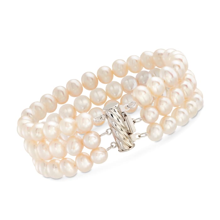 6-6.5mm Cultured Pearl Three-Strand Bracelet with Sterling Silver