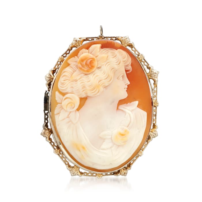 C. 1950 Vintage Shell Cameo Pin Pendant in 14kt White Gold