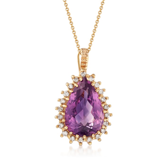 C. 1980 Vintage 11.45 Carat Amethyst and .60 ct. t.w. Diamond Pendant Necklace in 14kt Yellow Gold