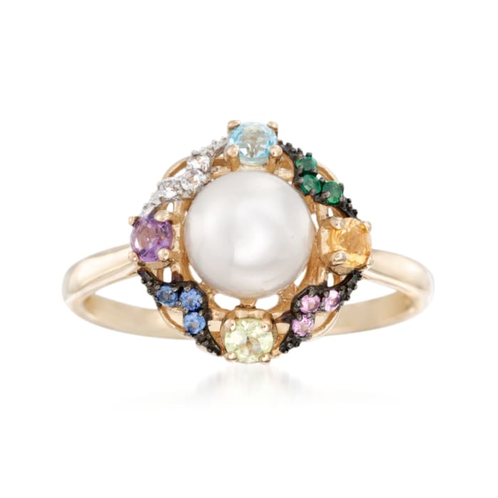 7-7.5mm Cultured Pearl and .37 ct. t.w. Multi-Stone Ring in 14kt Yellow Gold