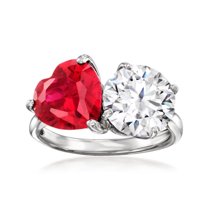 3.50 Carat CZ and 1.00 Carat Simulated Ruby Toi et Moi Ring in Sterling Silver