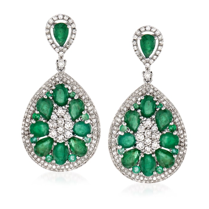 7.30 ct. t.w. Emerald and 1.65 ct. t.w. Diamond Drop Earrings in 18kt White Gold