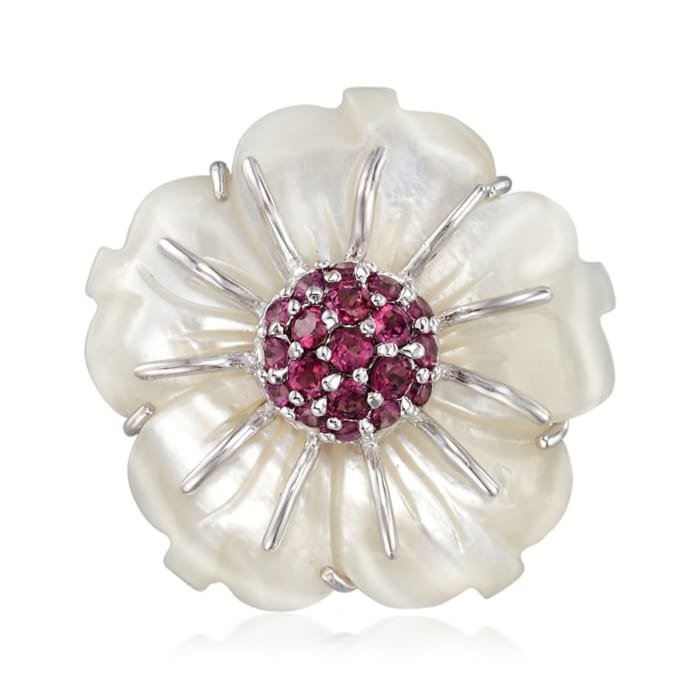 Mother-of-Pearl and 2.00 ct. t.w. Rhodolite Garnet Flower Pin in Sterling Silver