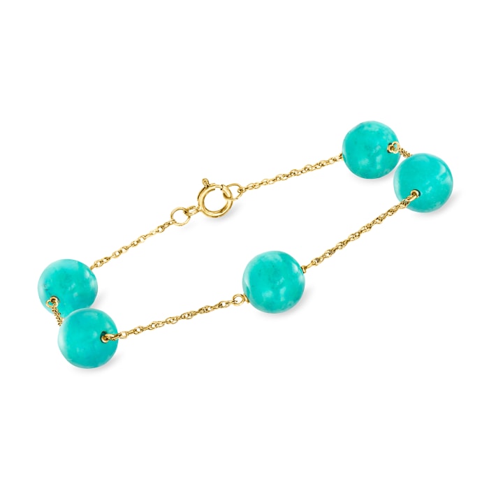 8mm Stabilized Green Turquoise Bead Station Bracelet in 14kt Yellow Gold