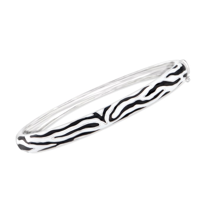 Black and White Enamel Zebra-Print Bangle Bracelet in Sterling Silver
