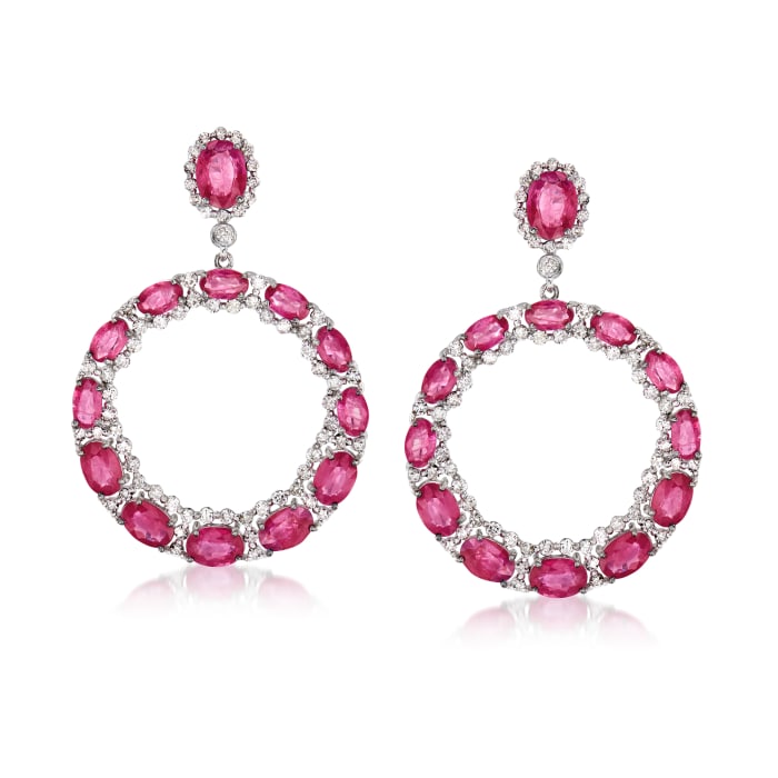10.75 ct. t.w. Ruby and 1.80 ct. t.w. Diamond Circle Drop Earrings in 18kt White Gold