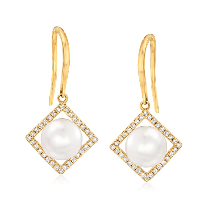 6.5-7mm Cultured Pearl and .19 ct. t.w. Diamond Frame Drop Earrings in 14kt Yellow Gold