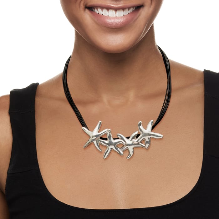 Sterling Silver Over Resin Starfish Necklace with Black Leather Cords 18-inch