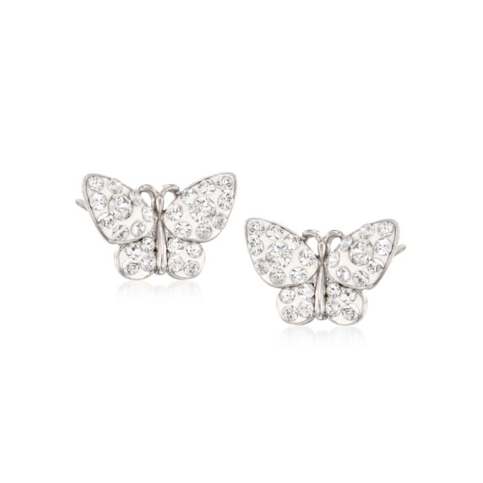 Crystal and White Enamel Butterfly Stud Earrings in Sterling Silver