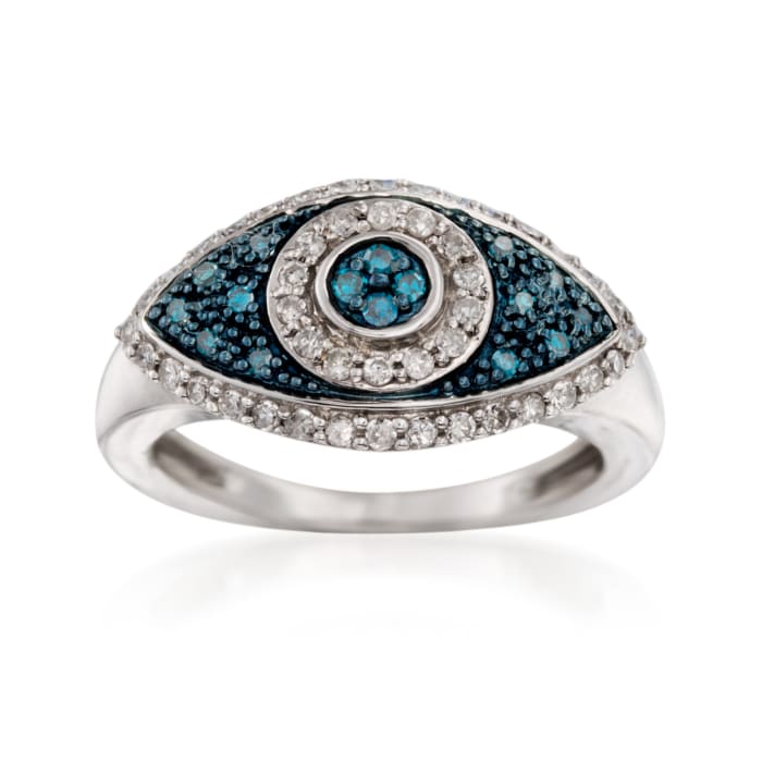 .32 ct. t.w. White and Blue Diamond Evil Eye Ring in Sterling Silver