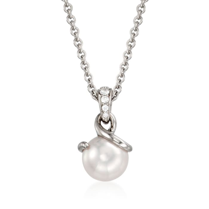 Mikimoto 8mm Akoya Pearl and .25 ct. t.w. Pave Diamond Pendant Necklace in 18kt White Gold