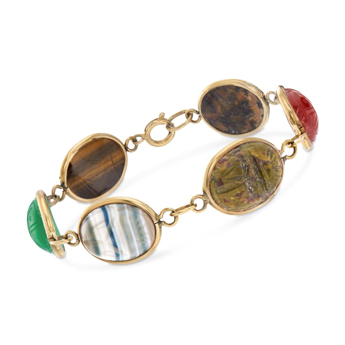C. 1960 Vintage Multi-Gemstone Scarab Bracelet in 14kt Yellow Gold
