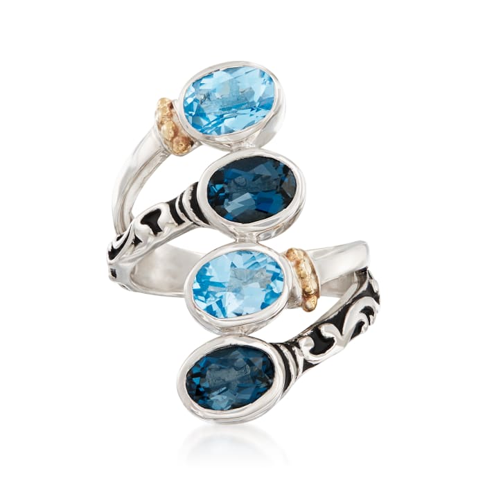 3.70 ct. t.w. Swiss and London Blue Topaz Bypass Ring in Sterling Silver with 14kt Gold