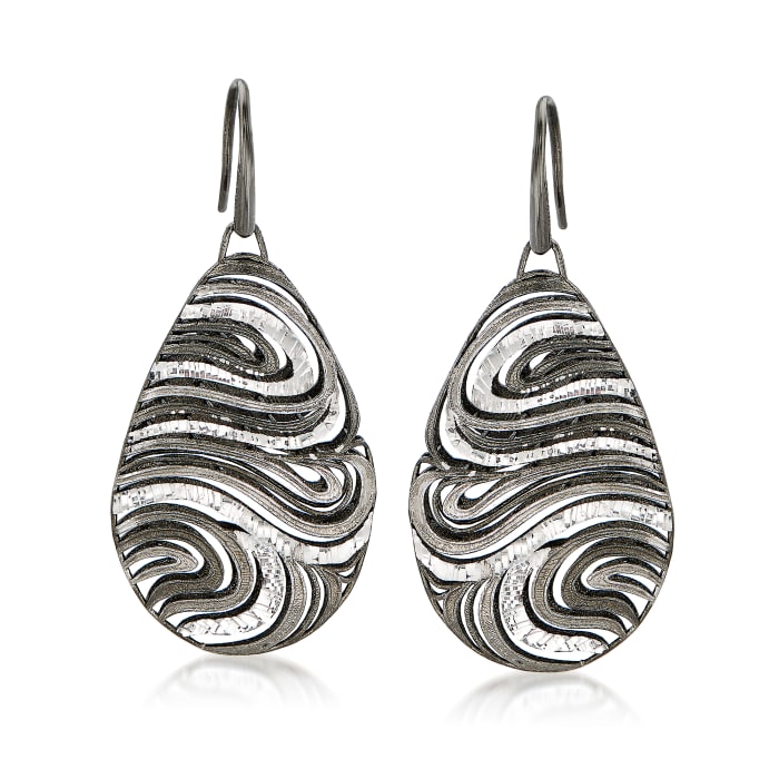 Italian Swirled Pattern Pear-Shaped Drop Earrings in Sterling Silver and Black Ruthenium