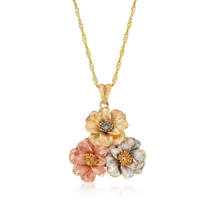 Italian 18kt Tri-Colored Gold Floral Pendant Necklace