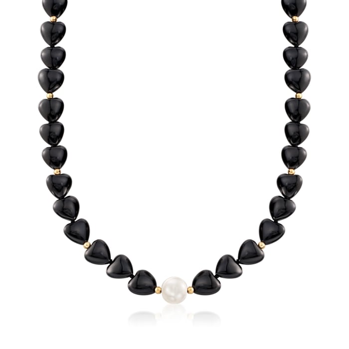 10-10.5mm Cultured Pearl and Black Onyx Heart Bead Necklace with 14kt Gold
