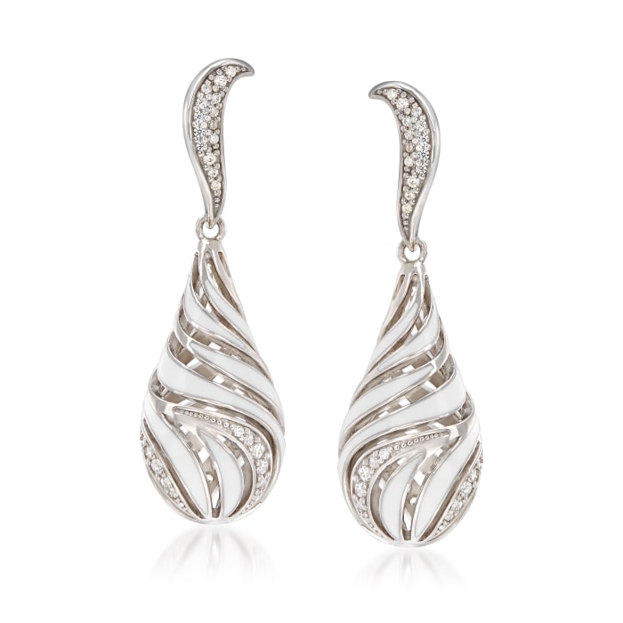 Belle Etoile &quot;Waverly&quot; White Enamel and .50 ct. t.w. CZ Drop Earrings in Sterling Silver