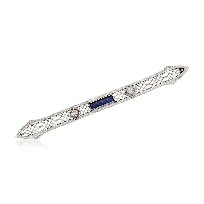 C. 1940 Vintage .10 ct. t.w. Synthetic Sapphire and .12 ct. t.w. White Spinel Linear Pin With Platinum in 14kt Yellow Gold