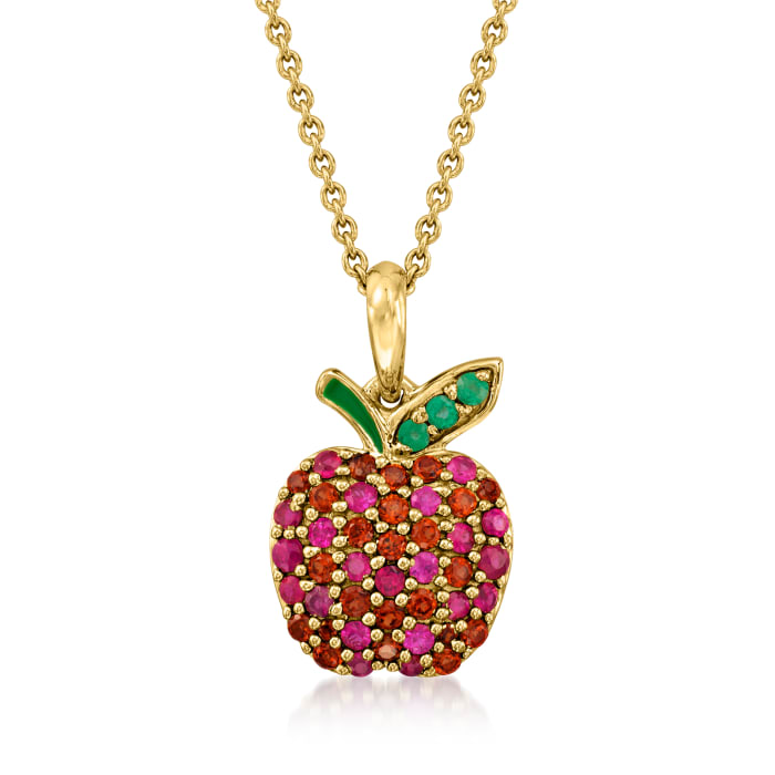 .87 ct. t.w. Multi-Gemstone Apple Pendant Necklace with Green Enamel in 18kt Gold Over Sterling