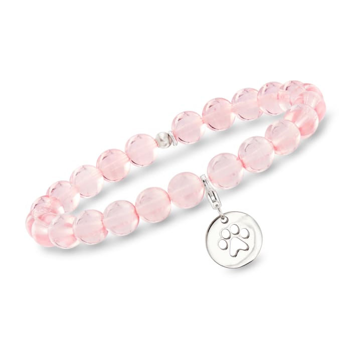 Italian Pink Murano Glass Bead Stretch Bracelet with Sterling Silver Paw Charm