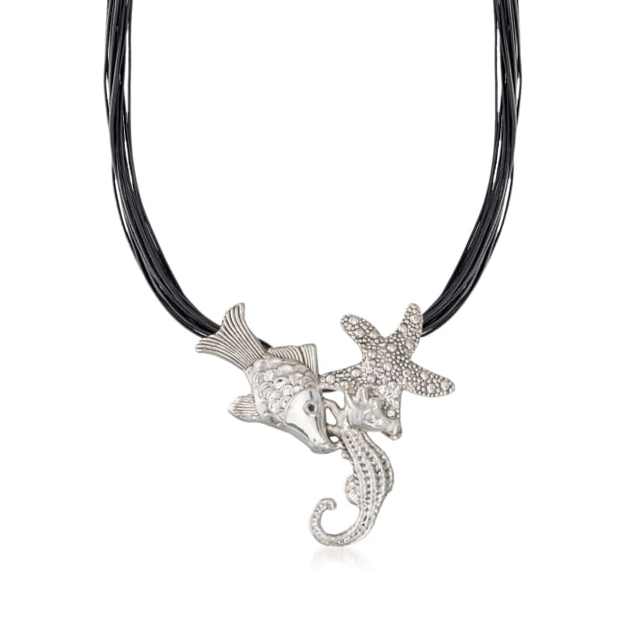 Sterling Silver and Black Leather Sealife Statement Necklace