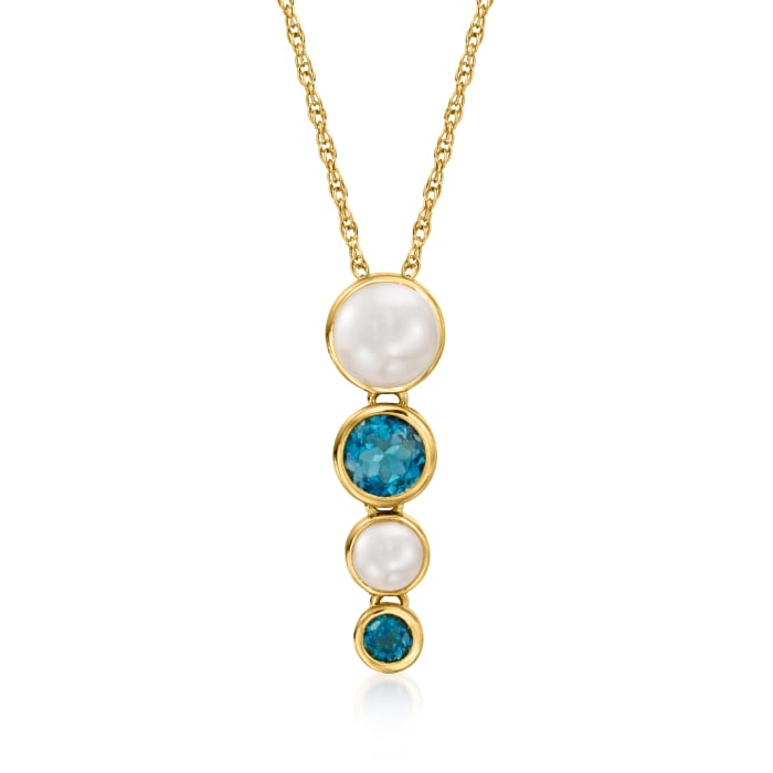 4-6mm Cultured Pearl and .70 ct. t.w. London Blue Topaz Pendant Necklace in 18kt Gold Over Sterling