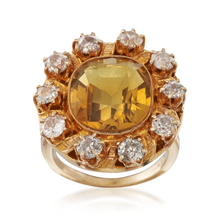C. 1900 Vintage 6.00 Carat Citrine and 1.80 ct. t.w. Diamond Ring in 14kt Yellow Gold